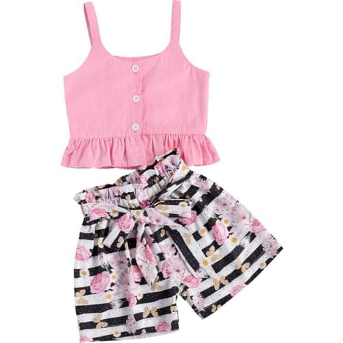 New 2021 Summer Toddler Kids Baby Girls Clothes Tracksuit Sets Ruffle Sleeveless Tops Floral Stripe Shorts Outfits