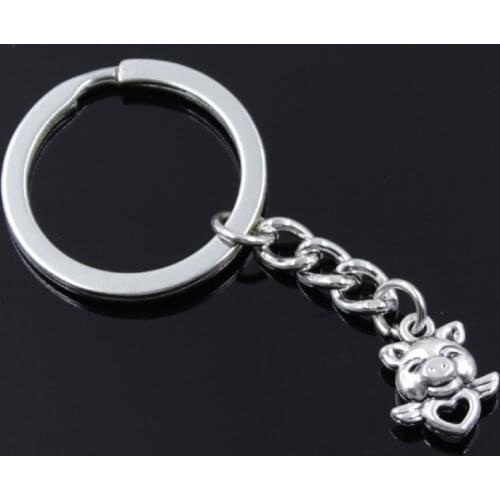 New Fashion Men 30mm Car Keychain DIY Metal Holder Chain Vintage Double Sided Fly Heart Pig 16x14mm Silver Color Pendant Gift