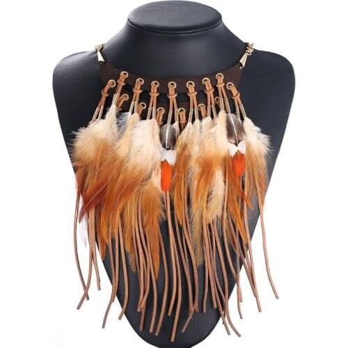 Fashion Jewelry Accedssories Bohemia Ethnic Style Necklace Hyperbole Feather Tassel Pendant Bib Statement Necklace for Women