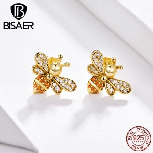 BISAER Bee Silver Earrings 925 Sterling Silver Busy Insect Bee Small Earrings Yellow Cubic Zircon Silver Jewelry Brincos ECE344