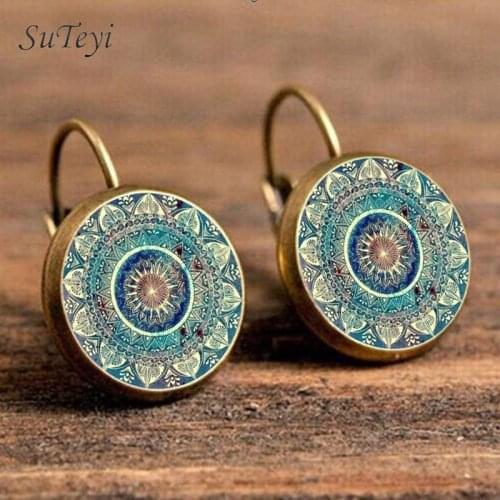SUTEYI Boho Mandala Art Picture Earrings Vintage Henna Yoga Om Symbol Zen Buddhism Glass Dome Earrings For Women Jewellery
