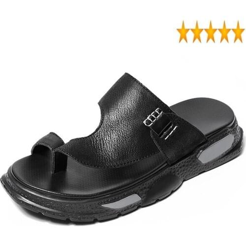 Summer Genuine Leather Men Flip Flops Slides Outside Platform Sandals Fashion Breathable Casual Beach Slippers Black