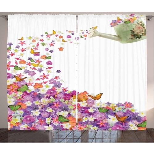 Spring Curtains Colors of Nature Flowers Butterflies Satin Fabric Drapes for Living Room Bedroom 2 Panel Window Set