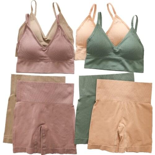 Women Bra Panty Set Sports Suits High Waist Shorts Female Seamless Underwear Set Sexy Top Ribbed Fitness Bra Sportswear Crop Top