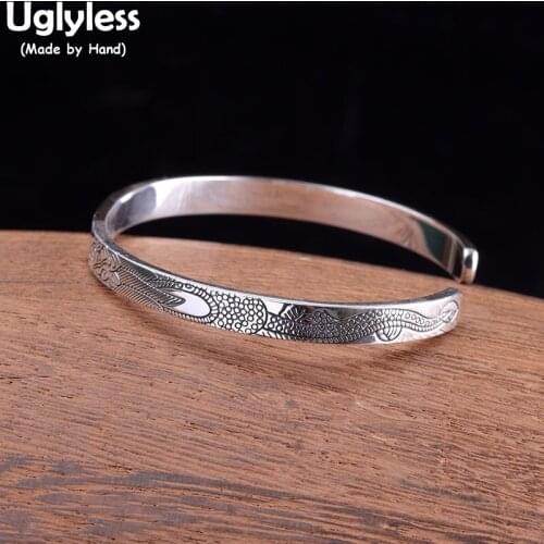 Uglyless 5MM Width Thai Silver Handmade Dragon Bangles for Women Real 925 Silver Animals Open Bangles Ethnic Totem Jewelry Retro