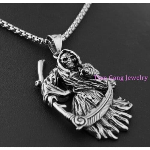 Top Quality SilverBlack Color Holy Saint Death Santa Muerte 316L Stainless Steel Mens Biker Pendant Necklace