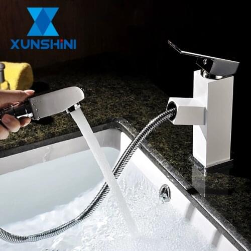 XUNSHINI Pull Out Bathroom Basin Sink Faucet Hot Cold Water Mixer Tap Single Handle Spray Sink Tap Kitchen Crane Deck Mount