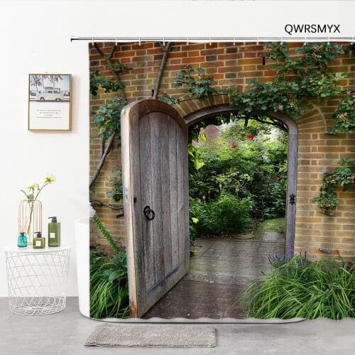 Garden Entrance Wooden Door Bathroom Curtain Courtyard Scenery Shower Curtains Washable Fabric Home Decor Wall Bathroom Products