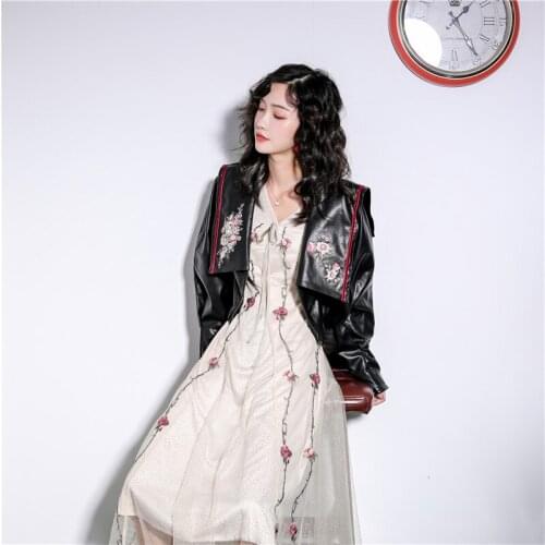 Chic Floral Embroidery Perfecto Femme Faux Leather Jacket Women Autumn 2021 Short Vintage Elegant Long Sleeve Casual Coat Female