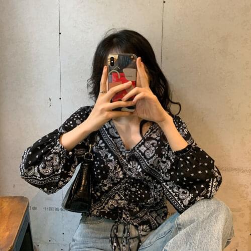 Drawstring Shirt Womens Long-Sleeved Shirt 2020 Retro Short Top Blusas Ropa De Mujer