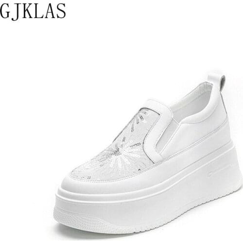 Platform Shoes Women Wedge Sneakers Lace+real Leather Chunky Sole Vulcanize Shoes for Women Breathable Sliver White Sneakers