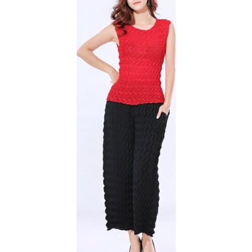 Women Pleated Tops Solid Color Trousers Two Pieces Clothing Sets