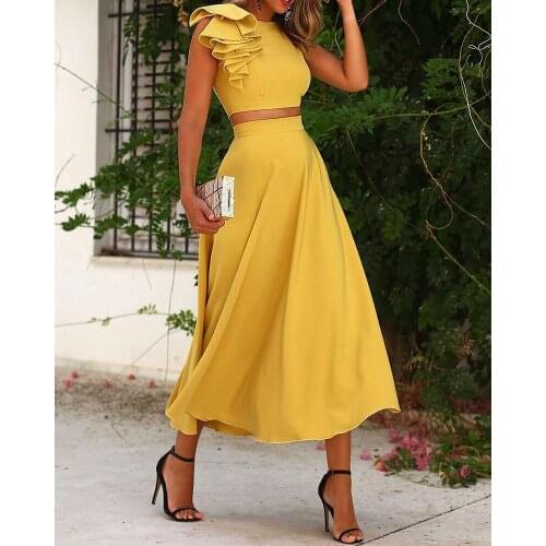 2021 Women Sexy Ruffles Backless Crop Top & Maxi Skirt Set Two Piece Dress Suit Party Long Skirt