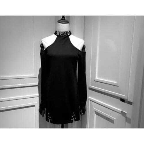 2019 Newl Women Harajuku Lolita Gothic Embroidery Choker Off Shoulder Chain Design Long Sleeve Black Dress