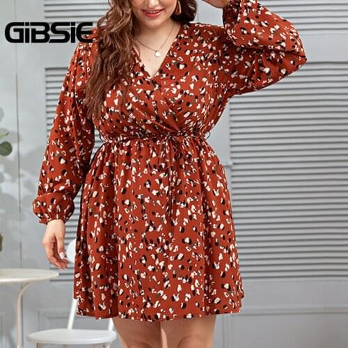 GIBSIE Surplice Neck Casual Print Dress Plus Size 4xl xxxl Women Autumn Long Sleeve Drawstring Waist A-line Mini Dress Vestidos
