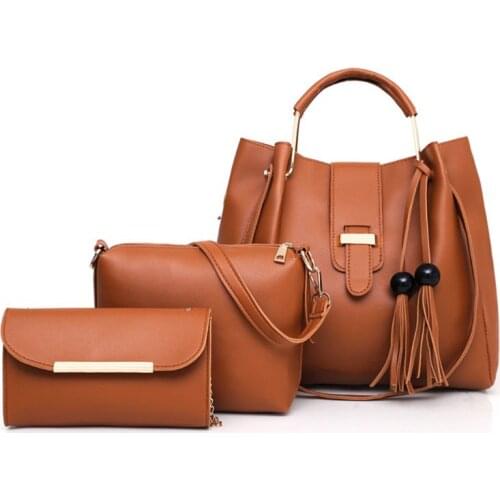 3Pcs/Set PU Leather Tassel Handbag Crossbody Shoulder Bag Clutch Purse Set for Women Ladies Travel Beach Use Supplies