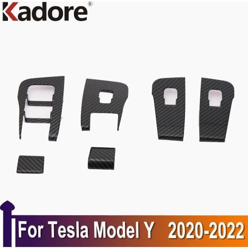 Interior Accessories For Tesla Model Y 2020 2021 2022 Carbon Fiber Car Window Switch Button Cover Trims Door Armrest Panel Frame
