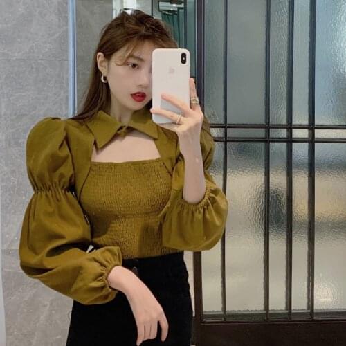 Hollow Out Spring Autumn Womens Clothing Crop Top Puff Sleeve Blouses Fashion Brand Solid Shirts Korean Ladies Tops New