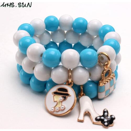 MHS.SUN Cute Pink/Bule/White Beads Bracelets Bangles Fashion Bag/High Heels Charm Pendant Girls Baby Toddler Bracelet Jewelry
