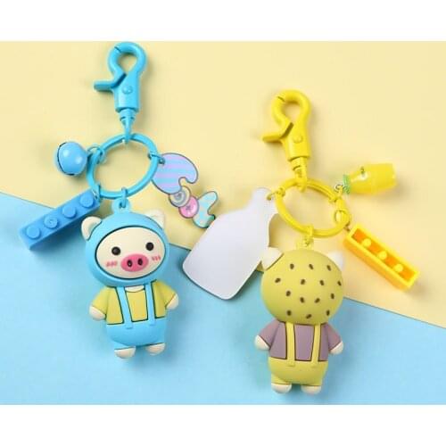 Cartoon 3D Colorful Bib pants Pig Key chains Building Blocks Keychain for Women Bags Strawberry Charms Car Keychain Key ring