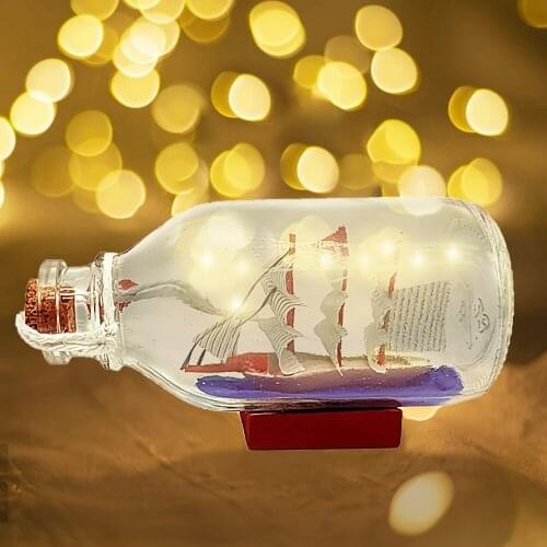 Floating Bottle Sailboat Model Ship in Bottle Warm Yellow Night Light Glass Wishing Bottles Home Table Decor Craft Birthday Gift