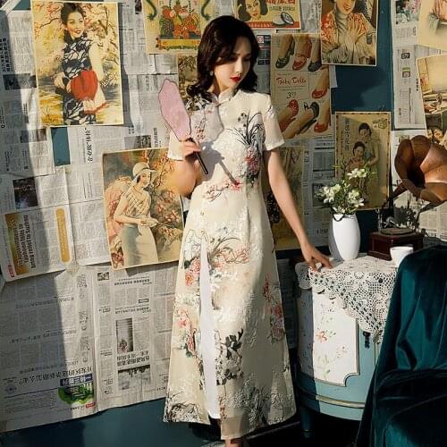 Oversize 4XL Elegant Traditional Spring Embroidery Applique Aodai Cheongsam Female Silk Chinese Style Printed Short Sleeve Qipao