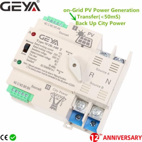 NEW GEYA on-Grid Photovolatic Power Automatic Transfer Switch Din Rail 2P 63A 100A AC220V ATS PV System Power Use Only
