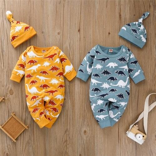 Newborn Baby Boy Long Sleeve Romper And Cap Spring Autumn Toddler Casual Cartoon Dinosaur Printed 2 Pieces Clothes Set