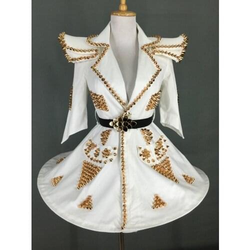Atmospheric Pettiskirt Shoulder Pad Rivet White Outfit Suit Dress Singer Dance Costume Performance Costume Nightclub Outfits
