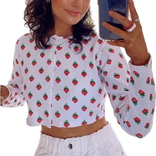 Women Autumn Crop Tops, Adults Button-down Strawberry Print Long Sleeve Lapel Cardigan