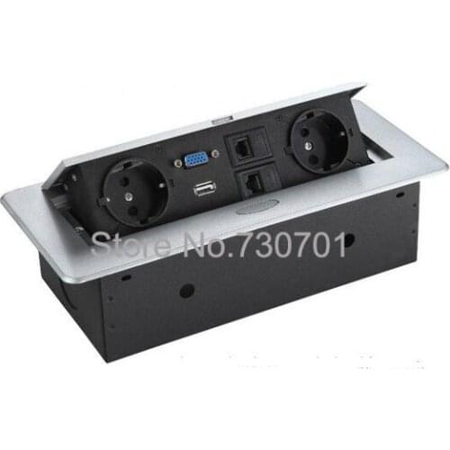 EU furniture desk socket 2 EU power,1 TEL,1 CAT5,1 VGA,1 USB configuration round thin panel cable connect is available as pic