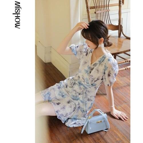 MISHOW 2021 New Dress Women A-Line High Waist Mini Vintage Floral Dresses Puff sleeves V-neck Female Clothing Vestido MXA24L0184