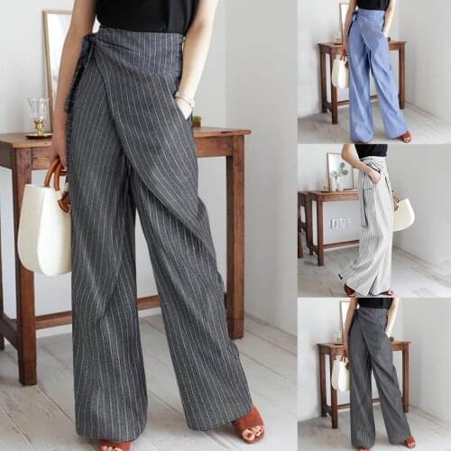 Fashion Women Stripe Kink Pocket Casual Loose Straight Trousers Pants 2020 Spring Autumn All-Match Womens Wide-Leg Trousers F