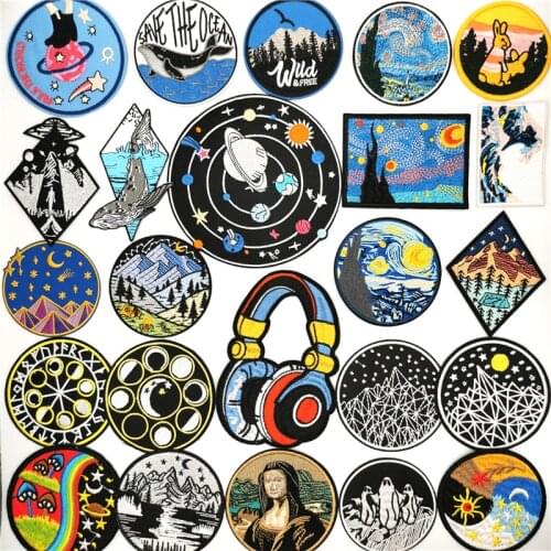 Mona Lisa Prajna Van Gogh Patches for Clothing Solar system Starry sky Clothes Badges Mountain Iron on Stripe Embroidered Patch