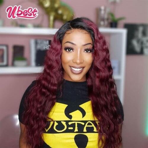 Ubest 1B 99J Nature Deep Wave Lace Front Wig Malaysian Virgin 180% Curly Human Hair Pre Plucked Transparent Lace Wigs for Women