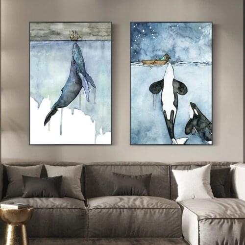 Orca Watercolor Painting Whale Seascape Wall Art Pictures Poster and Prints Artwork for Living Room Home Decor Cuadros
