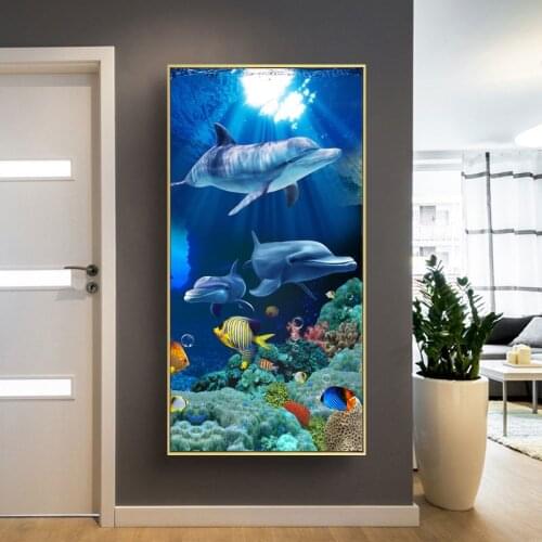 Underwater World Posters and Prints Wall Art Canvas Pianting Dolphin Fish coral Pictures for Living Room Cuadros Decor No Frame