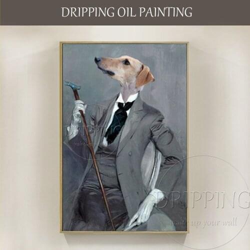 Professional Artist Design Funny Dog Oil Painting Hand-painted Cartoon Style Gentleman Dog Oil Painting for Living Room