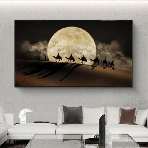 Desert Moon Night Scene Wall Art Posters And Prints Camel in the Desert Canvas Art Pictures Landscape Canvas Painting Wall Decor