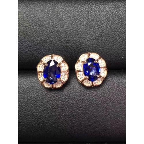 Sapphire stud earring For men or women Free shipping Natural real sapphire 925 sterling silver 5*7mm 2pcs gemstone