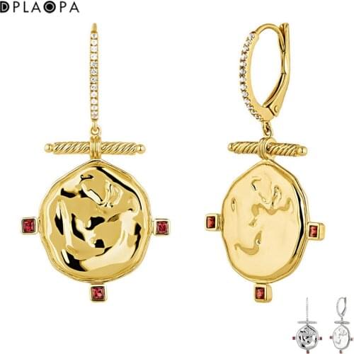DPLAOPA 925 Sterling Silver Pendientes Aro Medalla Topacio y Granate Plata Recubierta Oro Party Drop Earring Pendientes