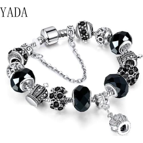 YADA Luxury Black Crown Bracelets&Bangles For Women Stainless Steel Bracelets silver color Crystal Jewelry Bracelet BT200181