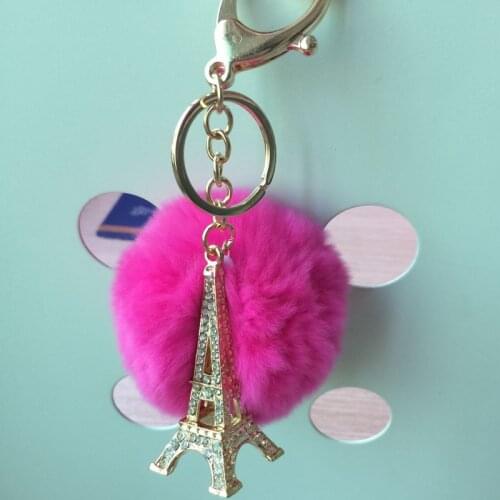 Fluffy Ball Keychain Real Rabbit Fur Excelent Quality DIy Paris Eiffel Tower For Women key ring EH631