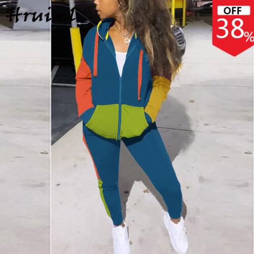 Hooded Sweatshirt&woman Pants Color Matching Two Piece Set Slim Zipper Pocket Office Lady Elegant Drawstring Dresy Damskie