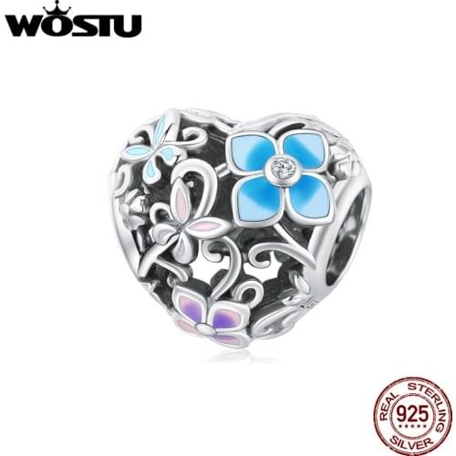 WOSTU 925 Sterling Silver Flower & Butterfly Heart Shape Charms Pendant Fit Bracelets Women Fashion Jewelry Making Gift DXC1836