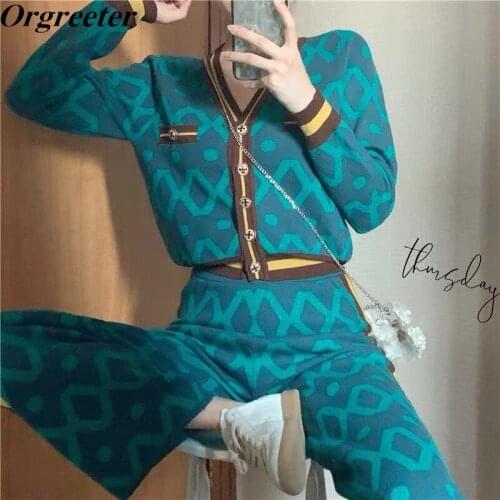 Knit Cardigan Tracksuit Women Fall Winter Sweater Trouser Suits Female Casual Knitwear Crop Top Wide Leg Pants Two Piece Sets