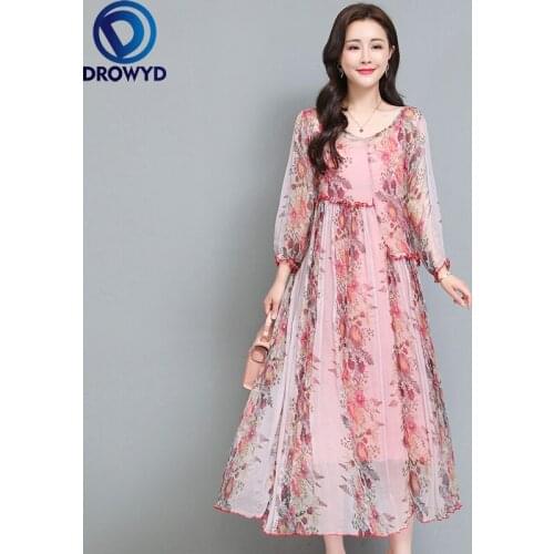 2021 Women Summer Autumn Pink Chiffon Fashion Maxi Dress Elegant Floral Print Ruffles O-Neck Dress Female Vintage Party Vestidos