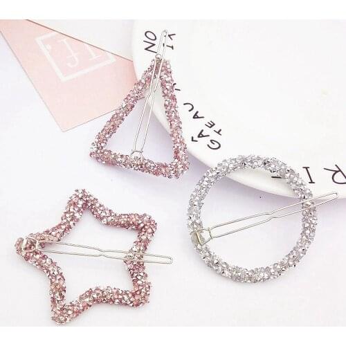 1 Pcs Fashion Crystal Rhinestones Hairpin Star Triangle Round Shape Women Hair Clips Barrettes Hair Styling Accessories