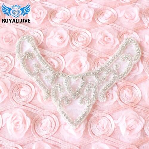 30Pcs) RoyalLove Neckline Rhinestone Applique Handmade Silver Rhinestone Applique with Beaded Detailing Neck Trim Iron On