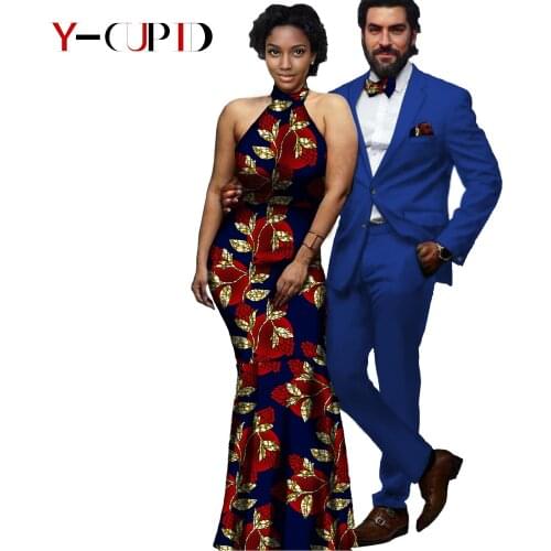 African Print Long Dresses for Women Matching Men Outfits Blazer Suits Jackets and Pants Sets Couples Clothes Wedding Y21C012